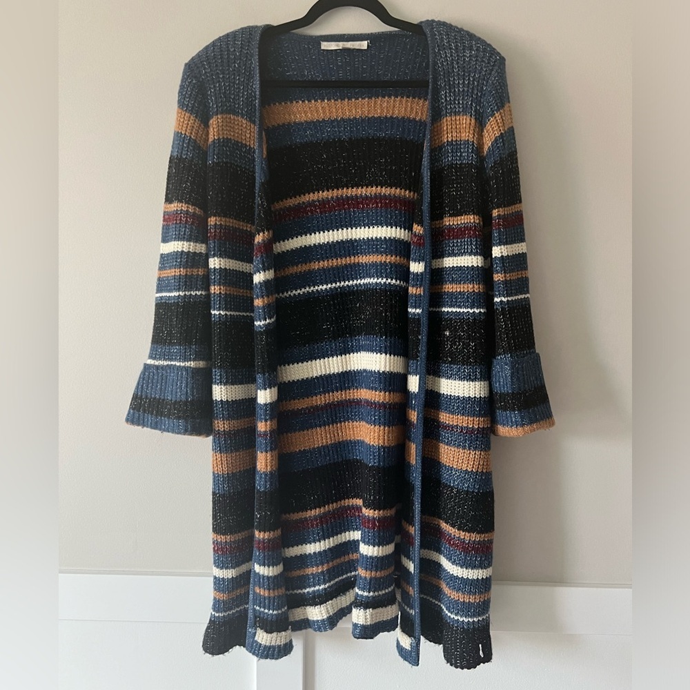 Boston Proper Blue Striped Longline Duster Cardigan Open Front Size L